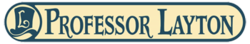 the original official logo for the Professor Layton games. it displays the title in a fancy font to the right of the logo of a top hat with a curly 'L' on it. the colors are a dark blue green over a tan background.